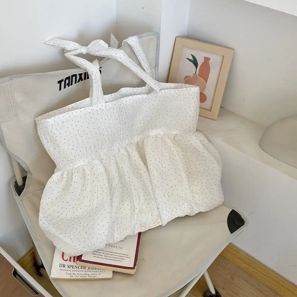 

Solid Color Sweet Canvas Pleated Shoulder Bag Large Capacity Bow Cloth Tote Bag Casual Korean Style Underarm Bag Outdoor