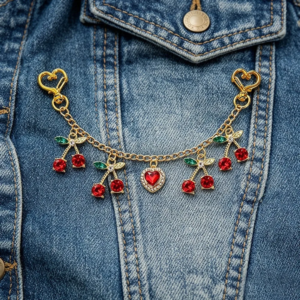 Sweet Alloy Bag Charm Cherry Heart Shape Glass Stone Inlaid Handbag Dangle Key Chain Ornament Handbag Accessory