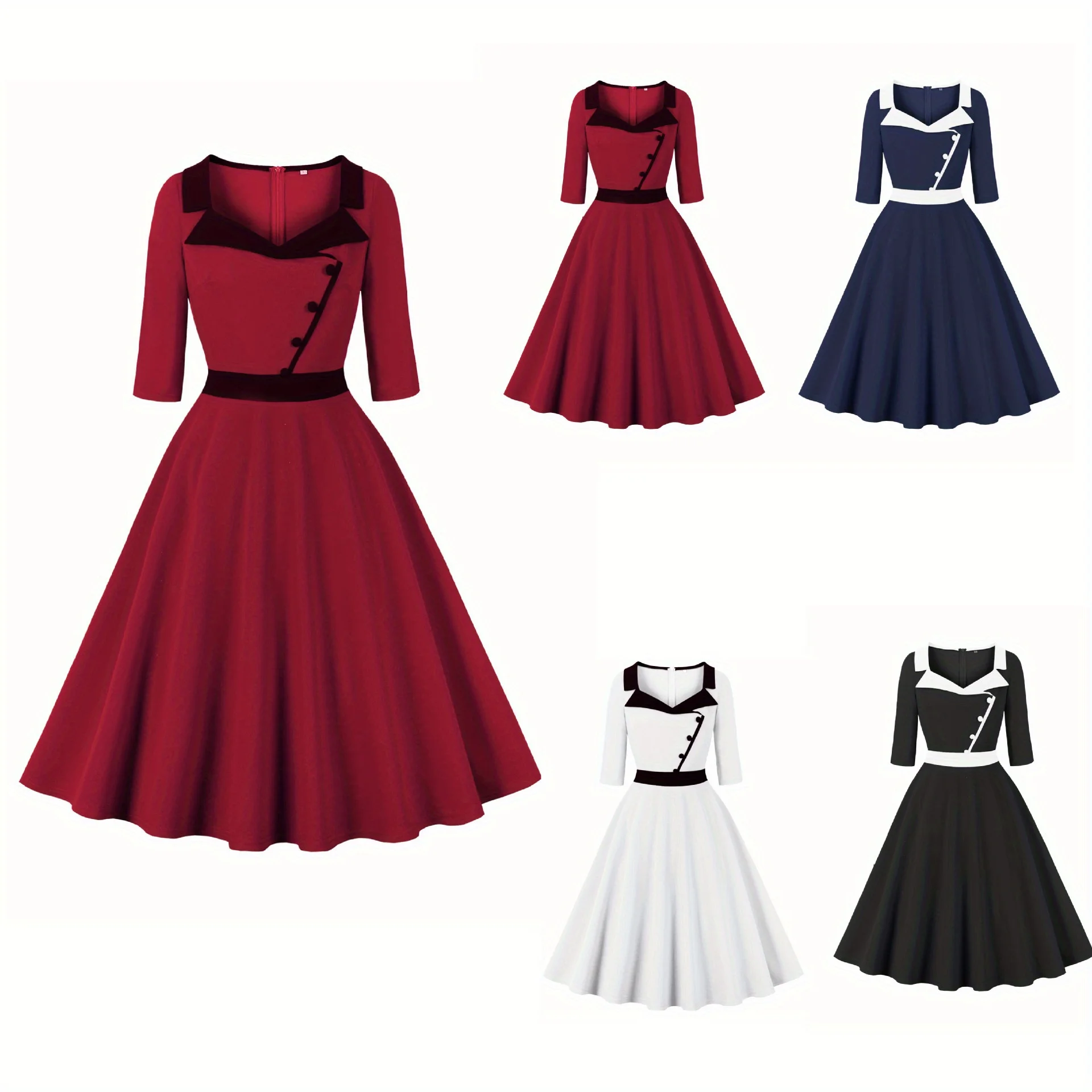 

2025 Новое модное повседневное темпераментное платье с воротником-семи четвертей и рукавами для похудения на талии, женское платье для сценического шоу на Хэллоуин