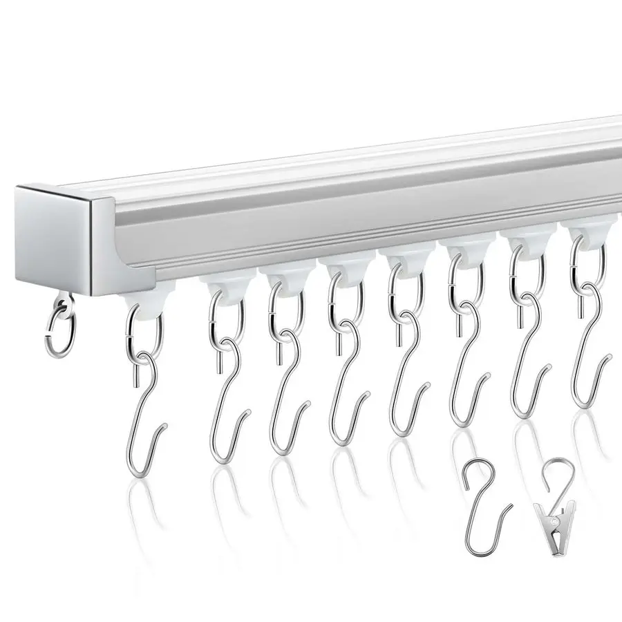 

Ceiling Curtain Track Set White 9.8ft13.2ft Heavy Duty Ceiling Mount Adjustable Length Curtain Rails with Clips Hooks End Hook