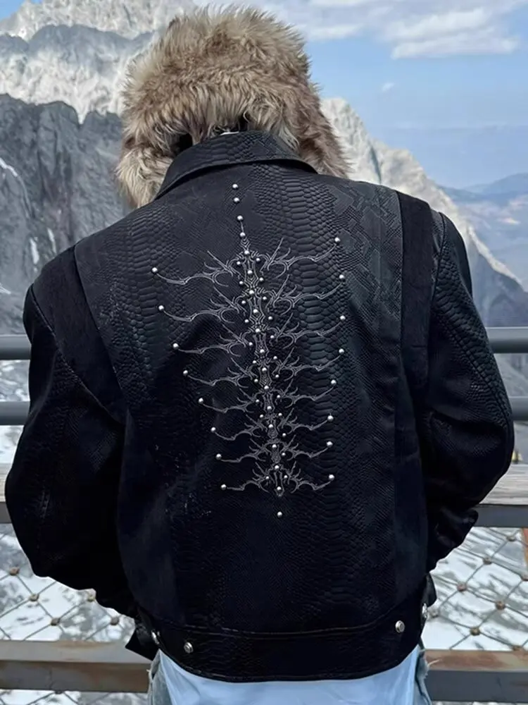 2025 New Pu Leather Patchwork Jacket Spine Snake Pattern Rivet Pu Jacket Autumn Streetwear Y2k Fashion Tops Men's Clothing