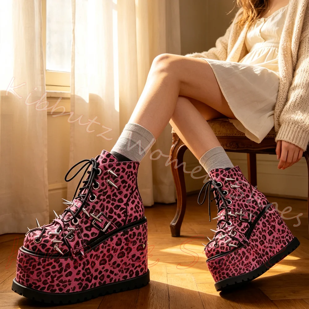 Spiked Platform Ankle Boots Women Leopard Print Lace Up Round Toe Side Zip Punk Goth Leather Mixed Color Statement Footwear New