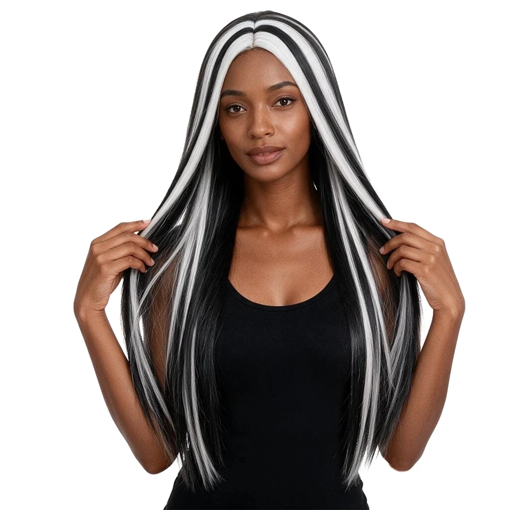 Black and White Contrast Long Straight Wig with Highlights Synthetic Fiber African Woman Cosplay Wig Party and Holiday Headpiece - view 6