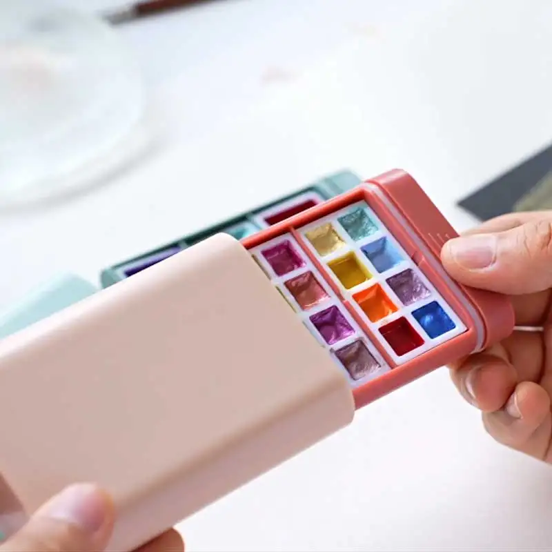 Portable Watercolor Palette With 20 Paints - Compact Travel Painting Palette Box with Pull-out Paint Wells, Pastel Colors，Lightw