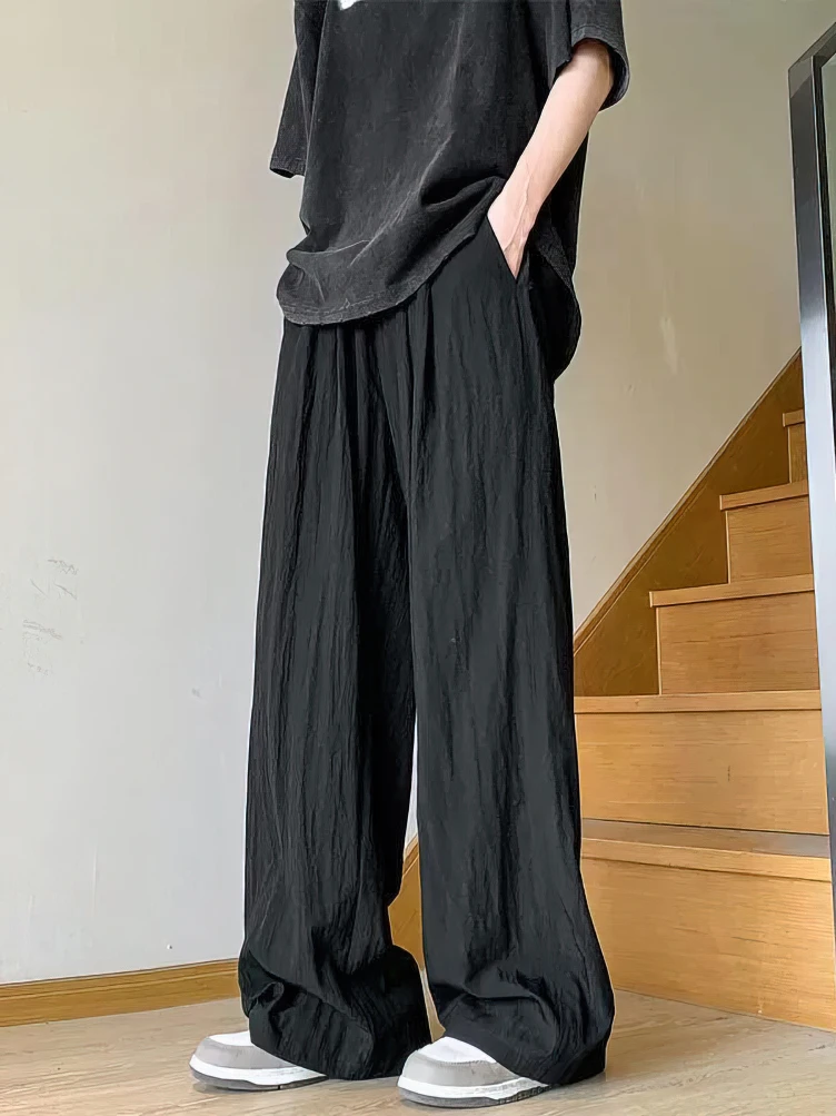 Ice Silk Linen Straight Casual Pants Men Summer Thin Loose Wide Leg Straight Long Trousers Japanese Lazy Popular 2024 New