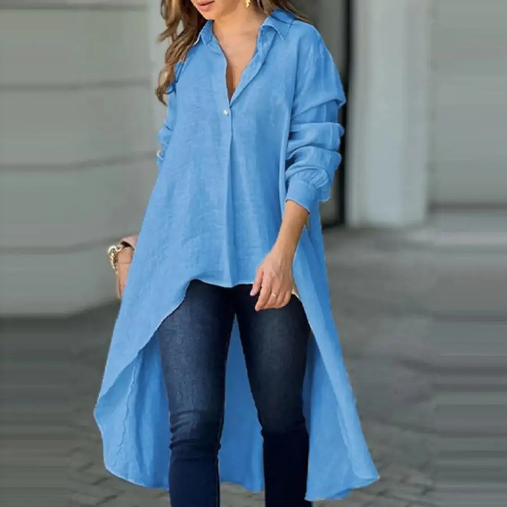 Relaxed Style Women Top Elegant Women's Lapel Button Shirt with Irregular Hem Loose Fit Solid Color Top for Workwear Long Sleeve