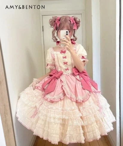 

Lolita Sweet Girl OP Short Bow Puffy Princess Dress Elegant Kawaii Puff Sleeve Lace Patchwork Dresses Birthday Dress for Women