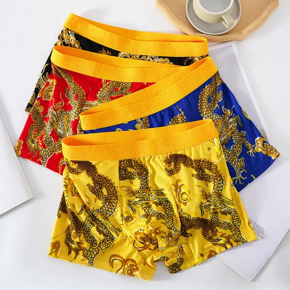 1Pc Soft Men Dragon Pattern Underwear Year of The Dragon Boxer Briefs Mid-rise Elastic Wide Waistband Shorts Panties Underpants