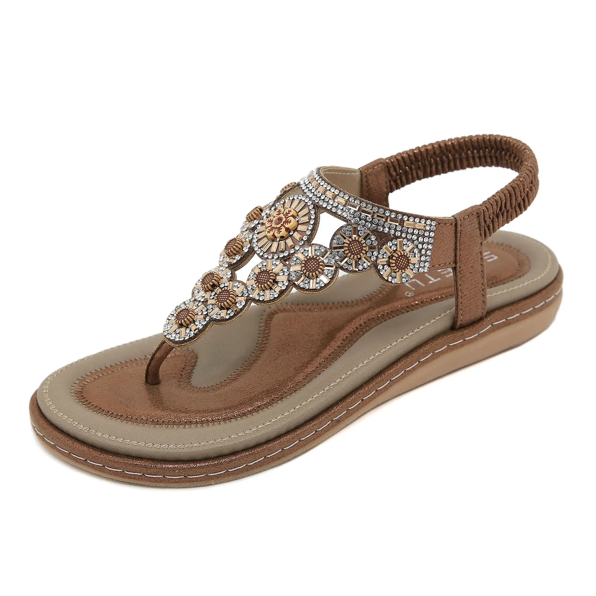 SIKETU Women Sandals Flat with Pu Round Toe Elastic Band Summer Rhinestone Pinch Feet Comfort Seaside Sand Bohemian Women Shoes