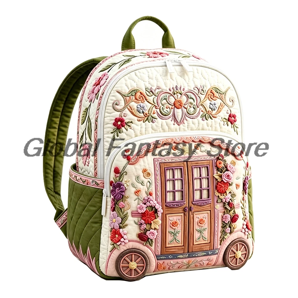 Vintage Cottage Quilted Backpack Boho Floral Daypack Travel Bag Women Men Outdoor Packsack