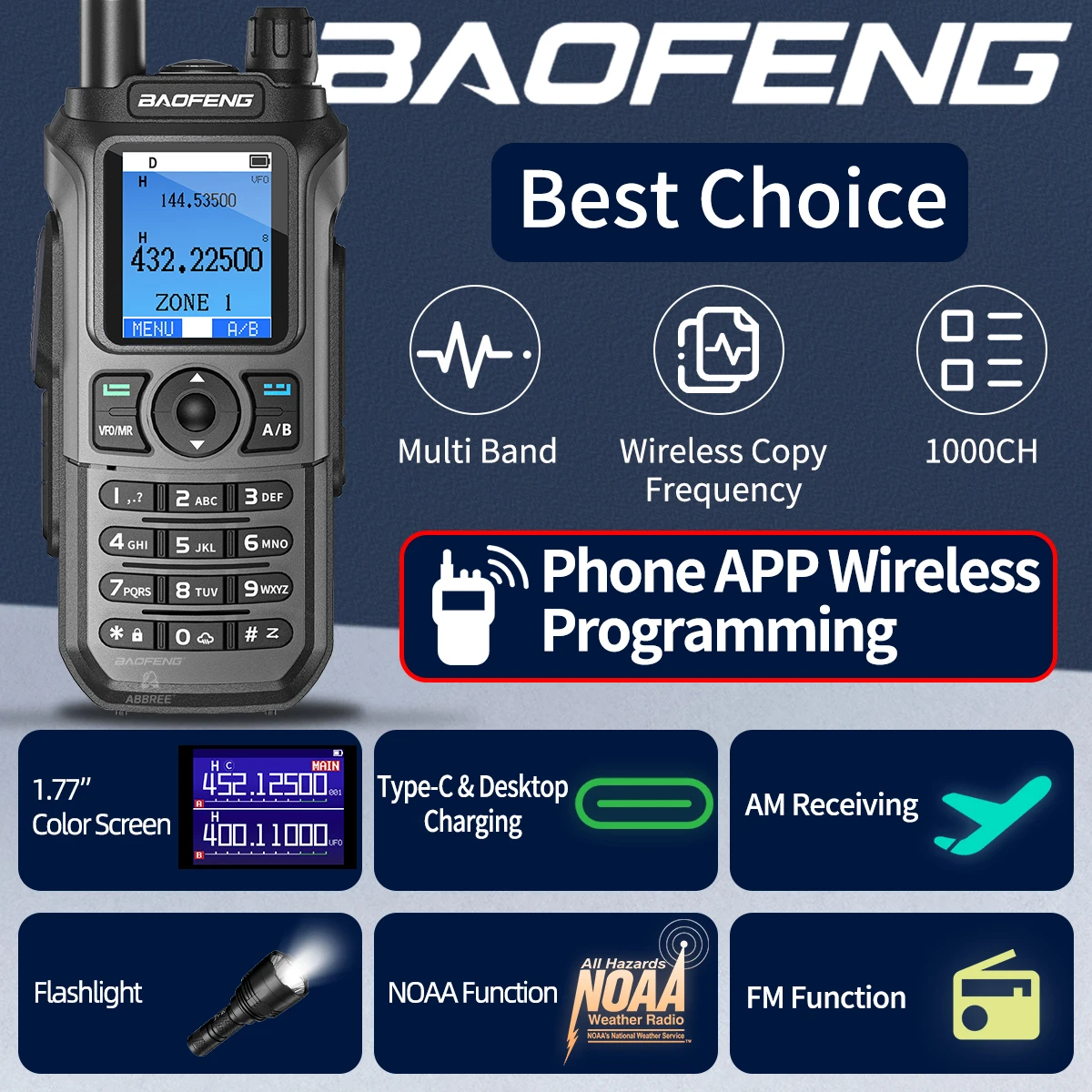 BAOFENG UV-21 PRO Walkie Talkie V3 Multi Band Bluetooth App Programming Wireless Copy Frequency Type-C Air Band Long Range Radio