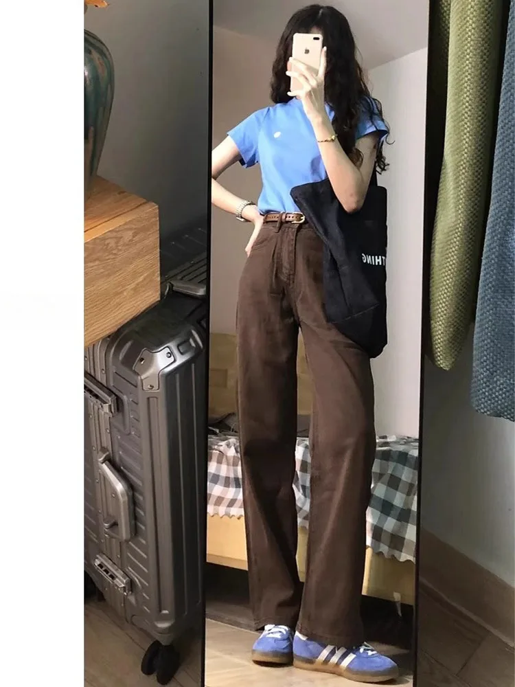 ارتفاع الخصر واسعة الساق الجينز المرأة اللون البني الخريف جديد Sle فضفاض مستقيم الطابق طول السراويل تخفيف خمر Waed