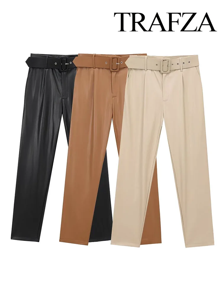 TRAFZA Women's 2025 New Fashion Simple Versatile High Waist Belted Leather Pants Female Elegant Temperament Slim Casual Trousers