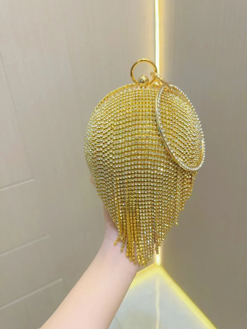 Borsa a sfera circolare con nappe Bling di lusso borsa da sera con strass glitterati borsa a tracolla con pochette per feste di matrimonio