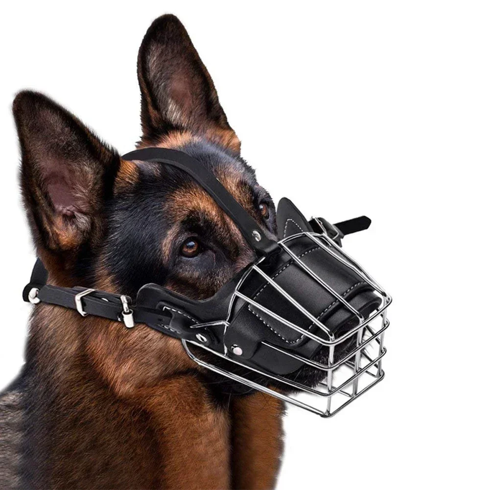 Pet Dog Adjustable Anti-Bite Metal Muzzle Mouth Cover, Breathable Leather Metal Basket German Shepherd Pet Muzzle Large Dog Mask