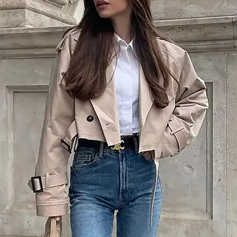 Cropped Trench Women Long Sleeves Cropped Design Jacket Chic Lady High Street Casual Loose Coats Top Female 2023 New