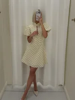 Retro Polka Dot Mini A-line Dress Women Elegant Stand Collar Puff Short Sleeve Waist-cinching Dresses Lady Party Robe 2026 New - Image 2