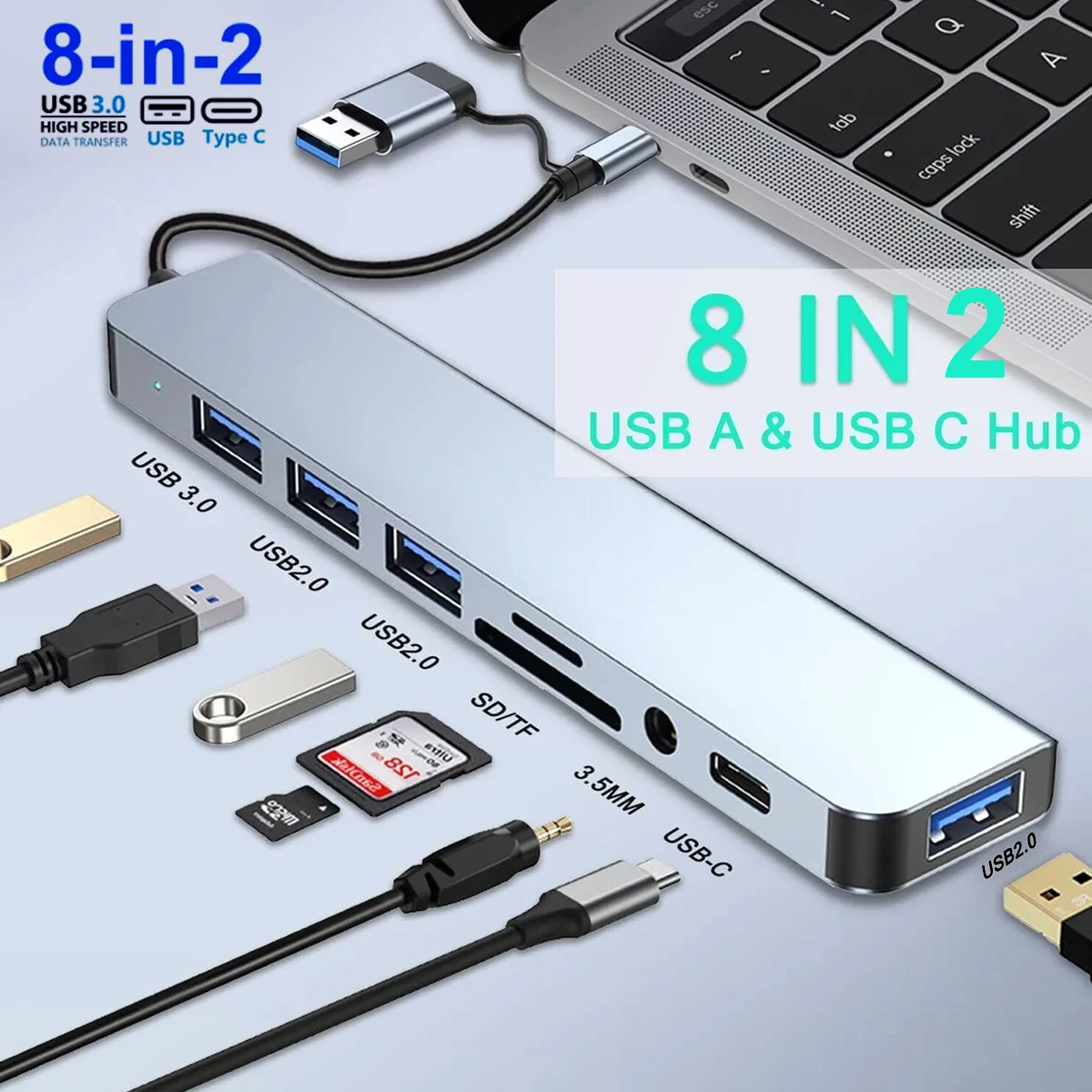 USB C Hub 8 in 2 USB 3.0 HUB Adapter with 3 5mm Audio Jack USB 3.0 Port SD TF Card Reader for MacBook Pro iPad Pro iPhone Laptop