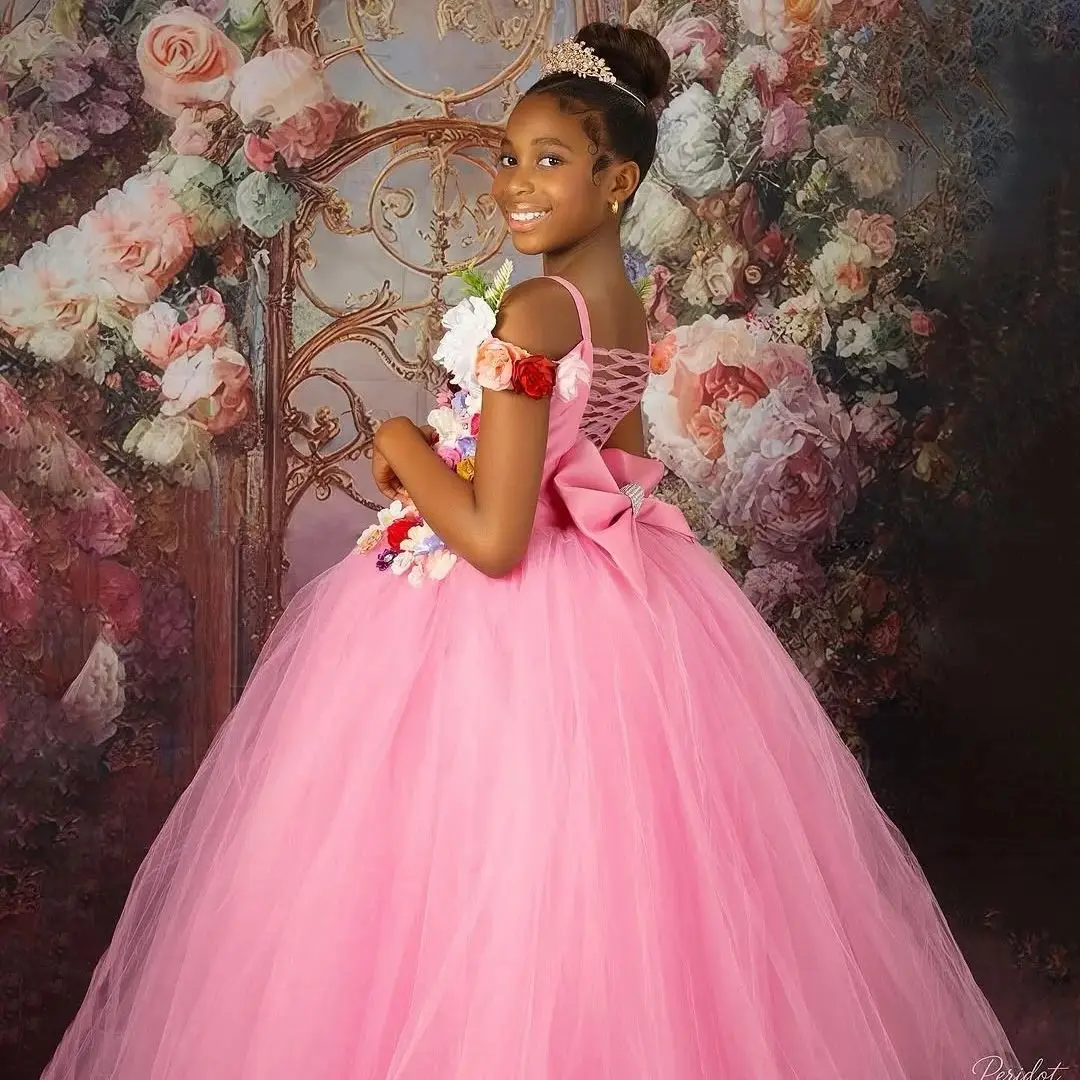 Customized Pink Flower Girl Dresses Tulle Puffy Beading Sleeveless For Princess Wedding Birthday Prom Holy Communion Gowns