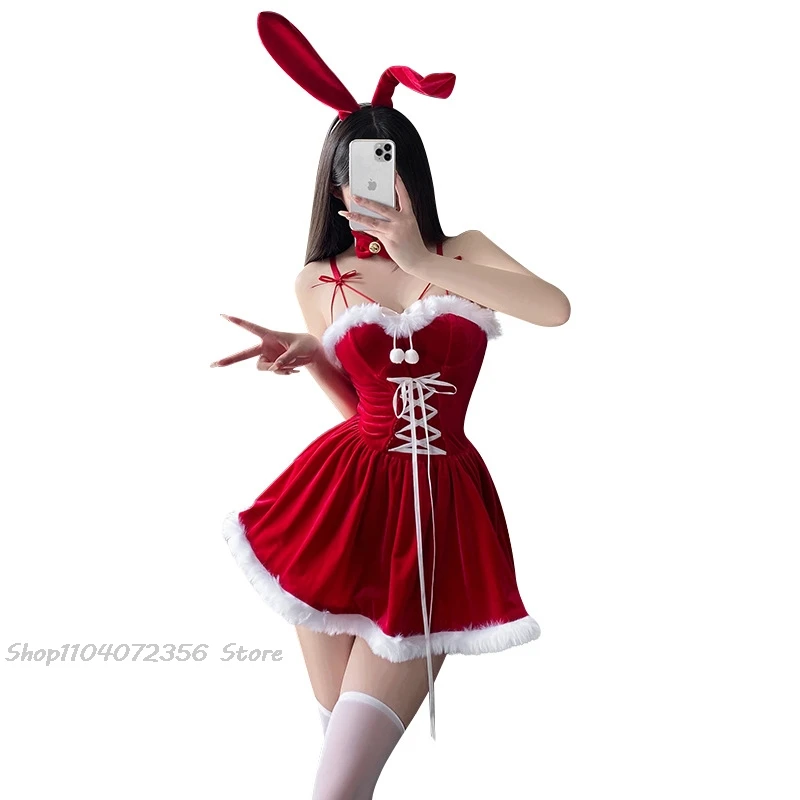 Sexy süße Weihnachtsstil Kostüme Anime Cosplay Kaninchen Mädchen Plüsch rotes Kleid Kawaii Hase Ohr Sling Rock Damen Paare Set