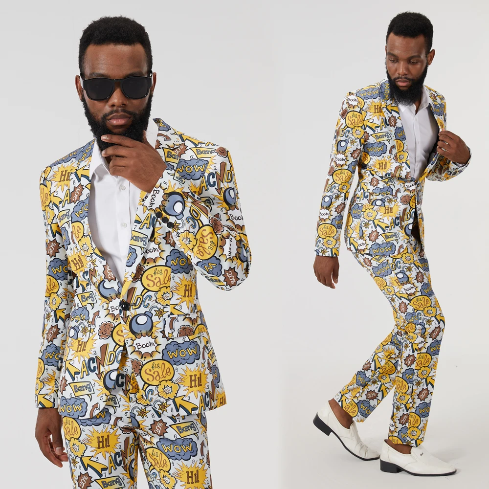 New Men\'s Gorgeous English Print 2PCS Suit Bar Stage Singer Clothing  Wedding Groom Stage Singer Prom Slim Fit Blazers