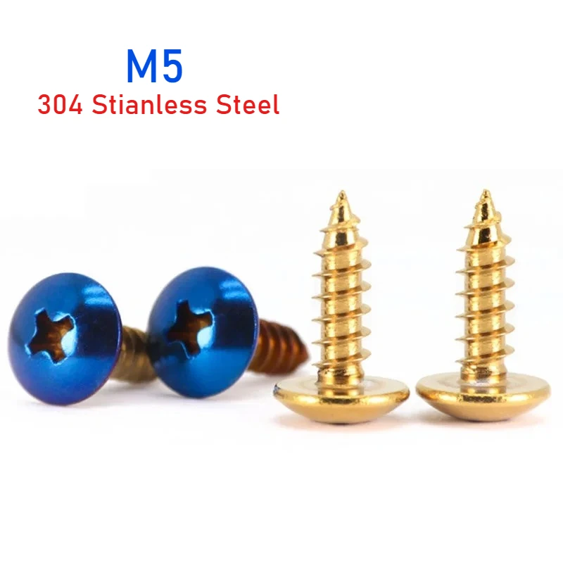M5 Titanium Blue/Gold 304 Stianless Steel Large Pan Head Cross Self Tapping Screw for Motorcycle Modification Decorative Bolt