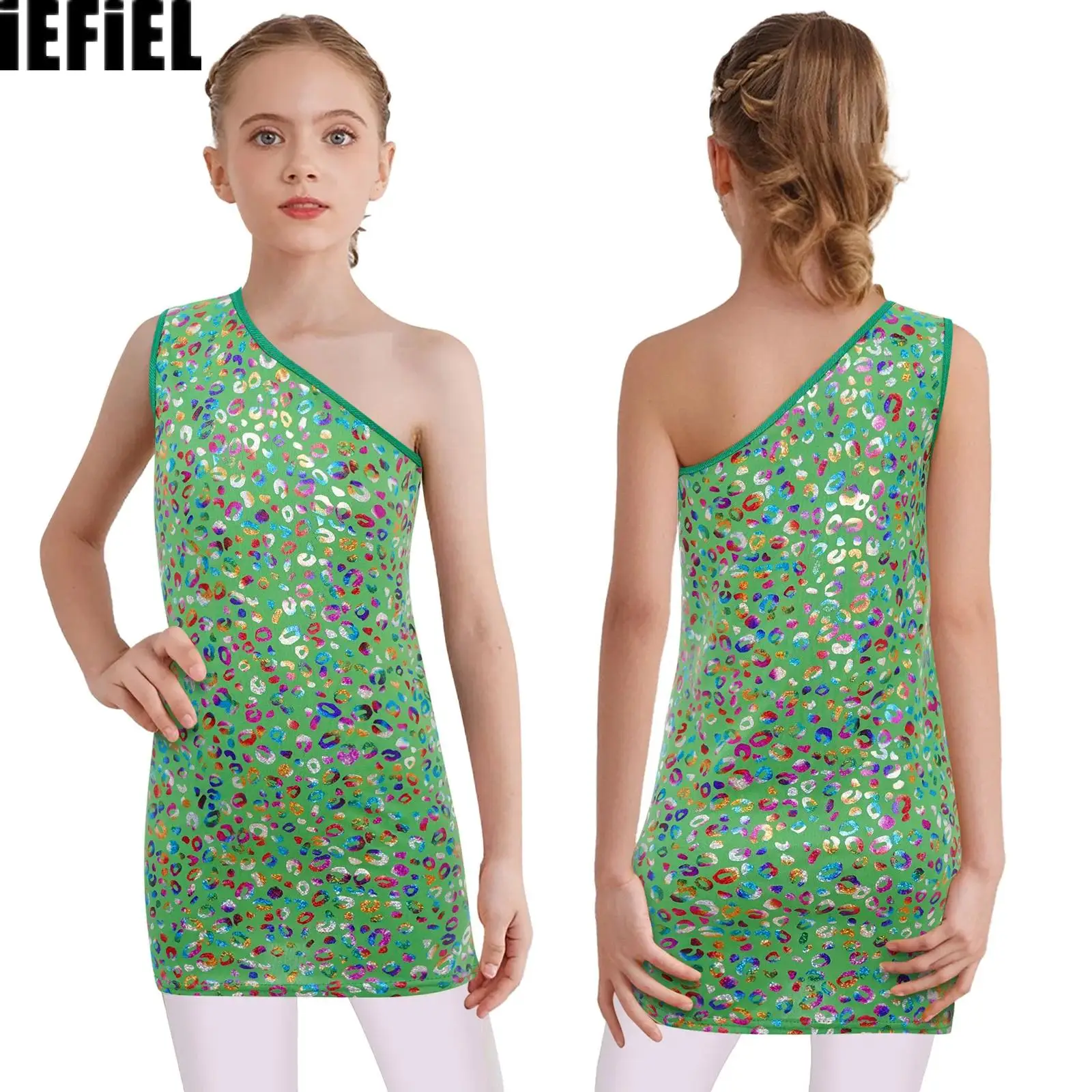 

Kids Girls Metallic Jazz Dress Cheerleading Stage Performance Costume One Shoulder Sleeveless Dance Leopard