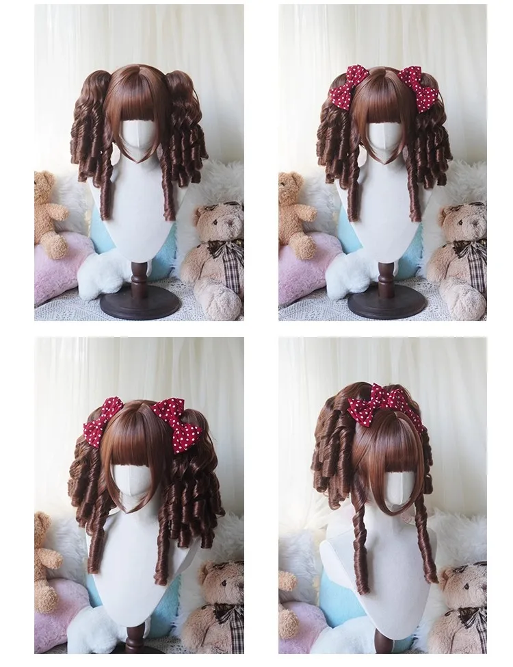 Synthetisch bruin goud elegante retro Romeinse rol dubbele paardenstaart hittebestendige vezel dames Lolita tijger mond clip pruik