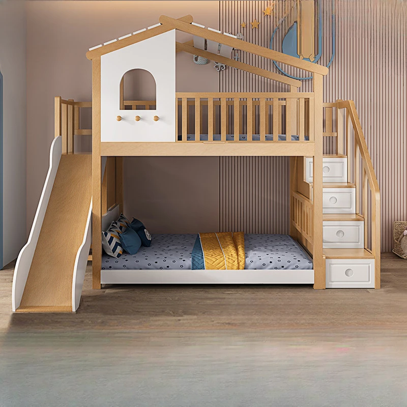 

Solid Wood Upper and Lower Children's Bed with Slide, High and Low Double-layer Mother and Child Bed, Beech Tree House Bed