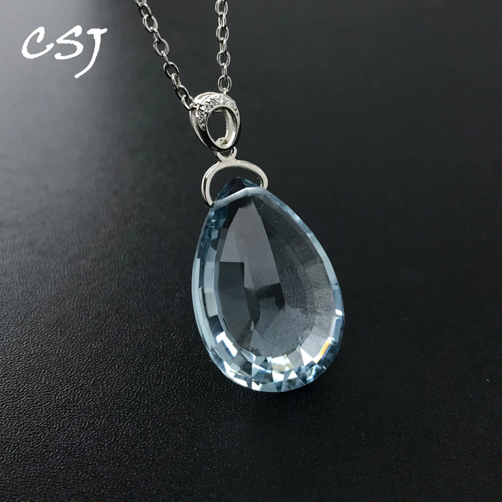 CSJ New Aquamarine Pendant Sterling 925 Silver Created Gemstone 18*26mm Topaz Necklace for Women Party Birthday Jewelry Gift