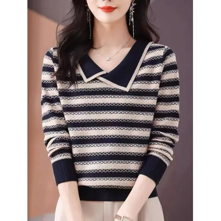 

Повседневный полосатый вязаный свитер для женщин среднего возраста, осень-зима, свободный топ с отложным воротником, модный и молодежный