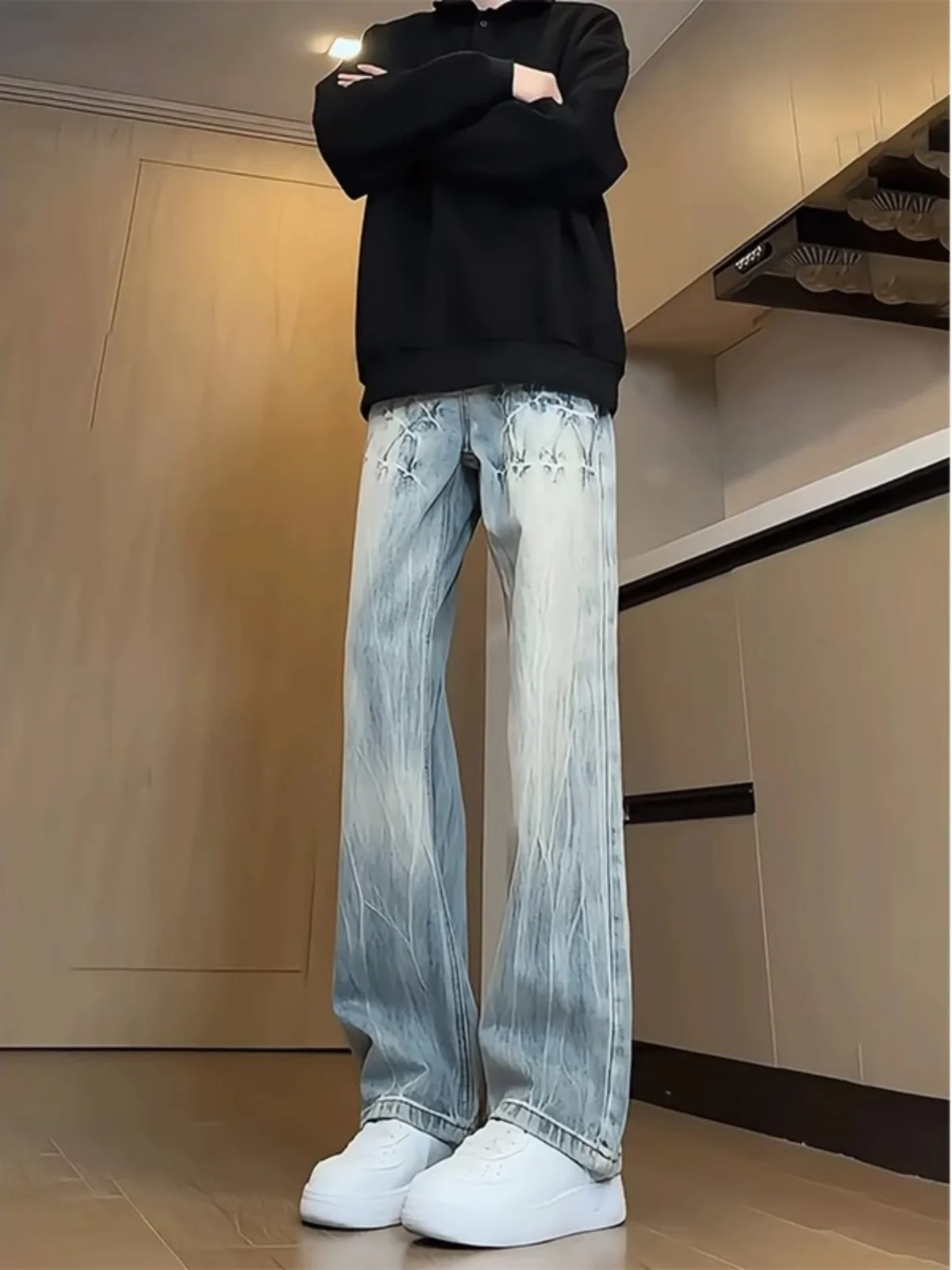 

Lightning Pattern Design Men's Jeans Straight Leg Bell Bot Casual Faion High Street Sle American Vibe Spring Autumn