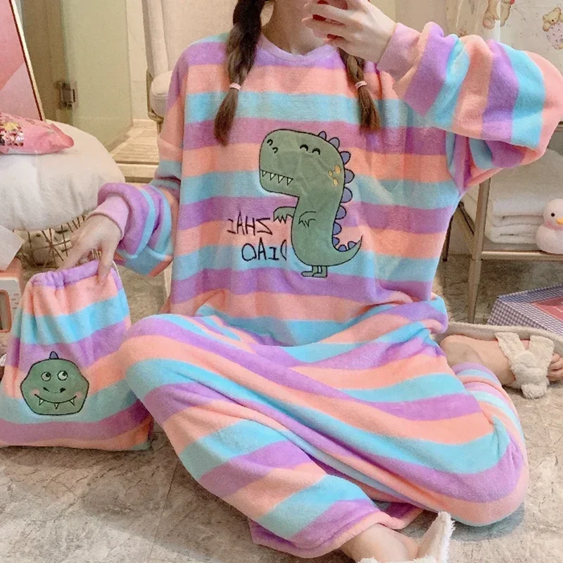 2023 Winter Long Sleeve Thick Warm Flannel Nightgown For Women Cute Cartoon Coral Velvet Sleepwear Night Dress Nightdress nighty