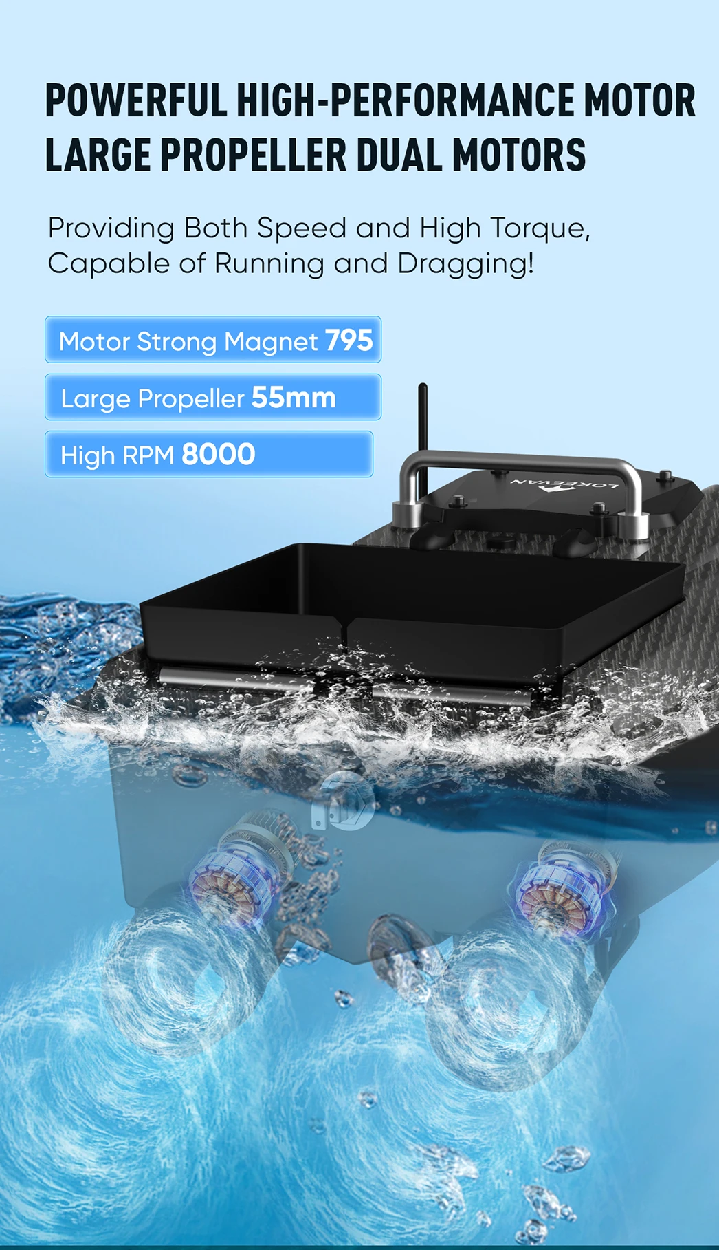 Köderboot mit GPS, 600 m Fernsteuerung, RC-Nachtboot mit LED-Beleuchtung zum Angeln, 3 kg Ladekapazität, Angelboot, 46800 mAh, 65 cm verlängerte Rumpflänge, 3,6 m/1S Hochgeschwindigkeits-Köderauswurf, Hakenlieferung, Schleppnetz – Detail 9
