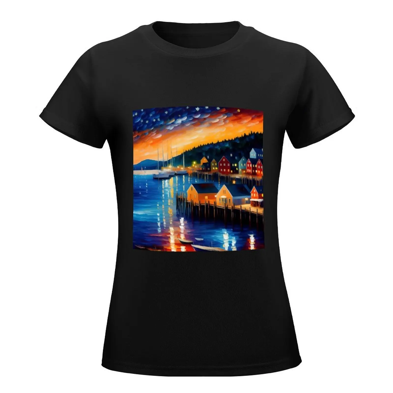 Bar Harbor, Acadia, Mount Desert Island, Maine fishing harbor coastal landscape painting T-Shirt