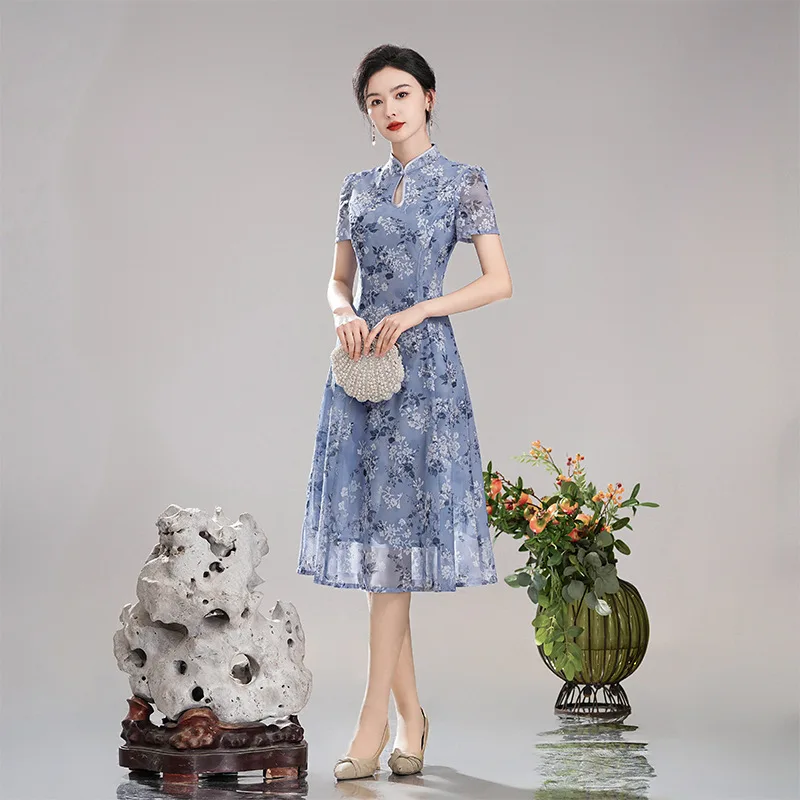 Xiuguantang Zilan 2024 Summer New Flocked Printed Drip Hole Style Improve Daily Cheongsam Dress