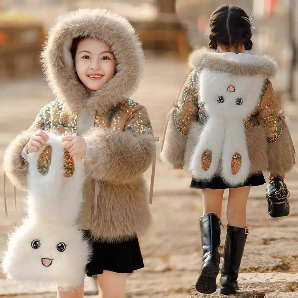 Kawaii Inverno Kuromi Ragazza Peluche Paillettes Giacca con cappuccio Anime Sanrio Cartoon Bambini All\'aperto Orecchie di coniglio Pelliccia