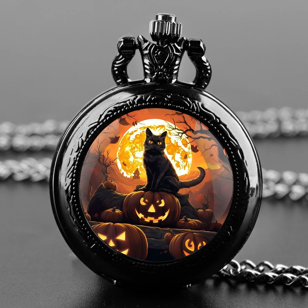 Halloween gato preto cúpula de vidro relógio de bolso de quartzo preto com mostrador de algarismos árabes e corrente durável presente retrô para homens e mulheres