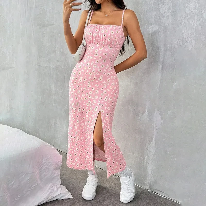 

Summer Strapless Sleeveless Wrap Front Split Daisy Print Fitted Bodycon Belted Sexy Maxi Dress Womens Vacation Long Evening Gown