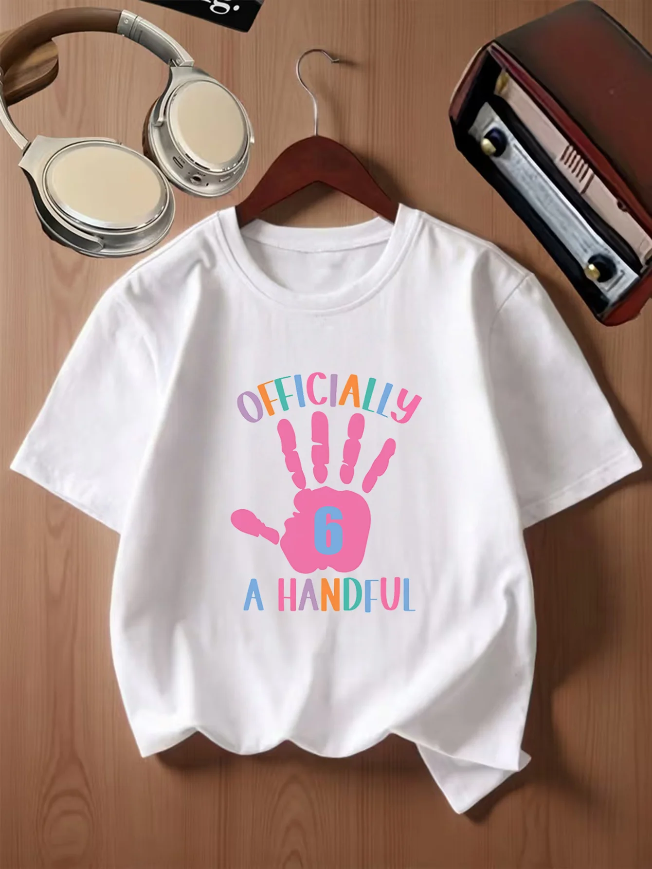 Pink Palm Print Officially A Handful 6th Birthday Text Kids T Shirt Boys Girls Family Matching Summer Crew Neck Casual Tee