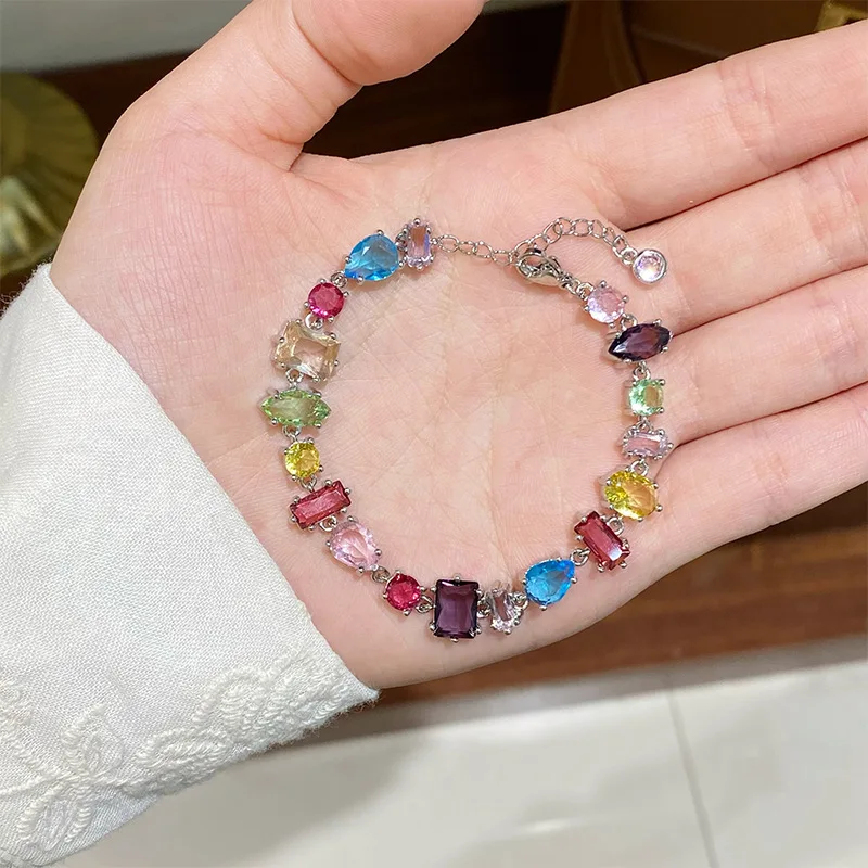 Trendy Sweet Zircon Irregular Square Oval Colored Bead Bracelet For Women Korean Fashion Rhinestone Geometric Bracelet Girl Gift image 2