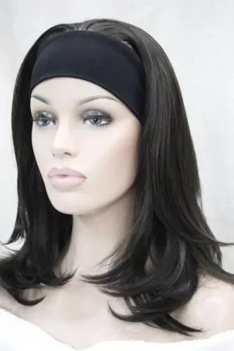 Women 3/4 wig with headband long dark brown straight wavy end half wig