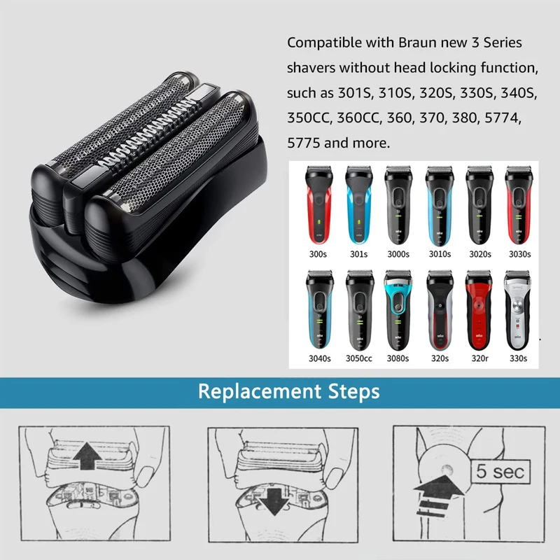 32B Replacement Head Foil & Cutter Compatible with Braun Series 3 shavers 32B 3000s, 3010s, 3040s, 3050cc, 3070cc, 3080s