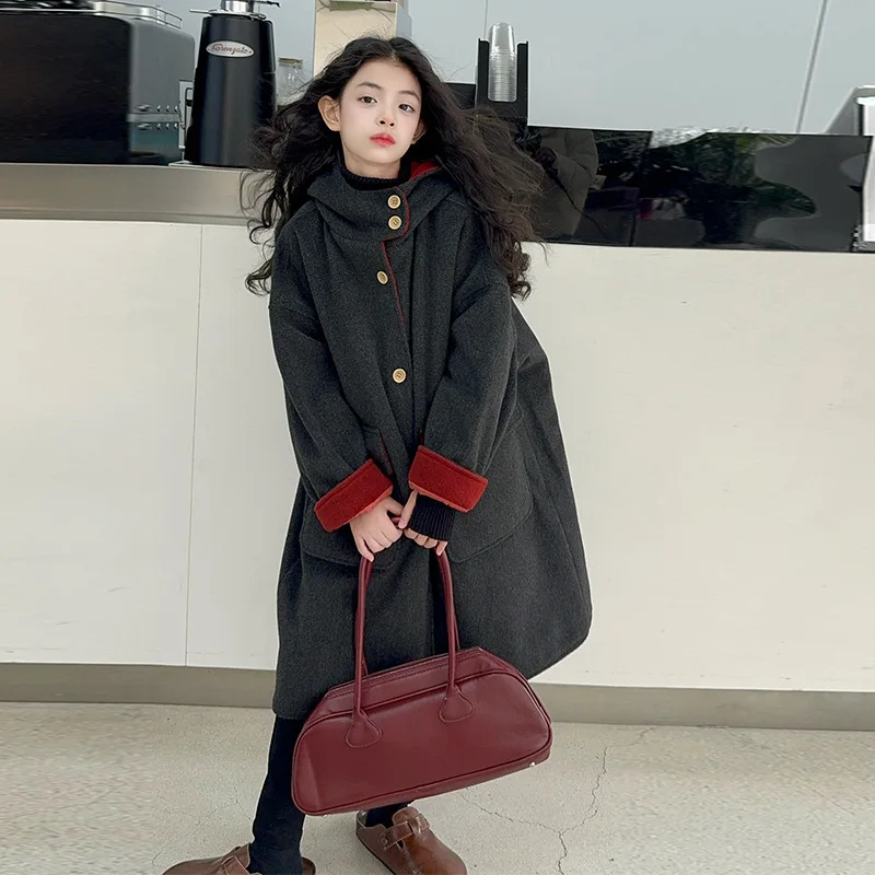 

Girls' Padded Coat Autumn and Winter 2025 New Older Children's Winter Coat Girls Thickened Medium and Long Woolen Trench Coat