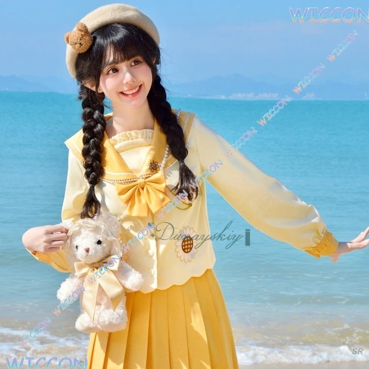 

Youko/2025 JK школьная форма подсолнух матросский костюм кремово-желтый топ плиссированная юбка галстук-бабочка милая одежда костюм на Хэллоуин для девочек новинка