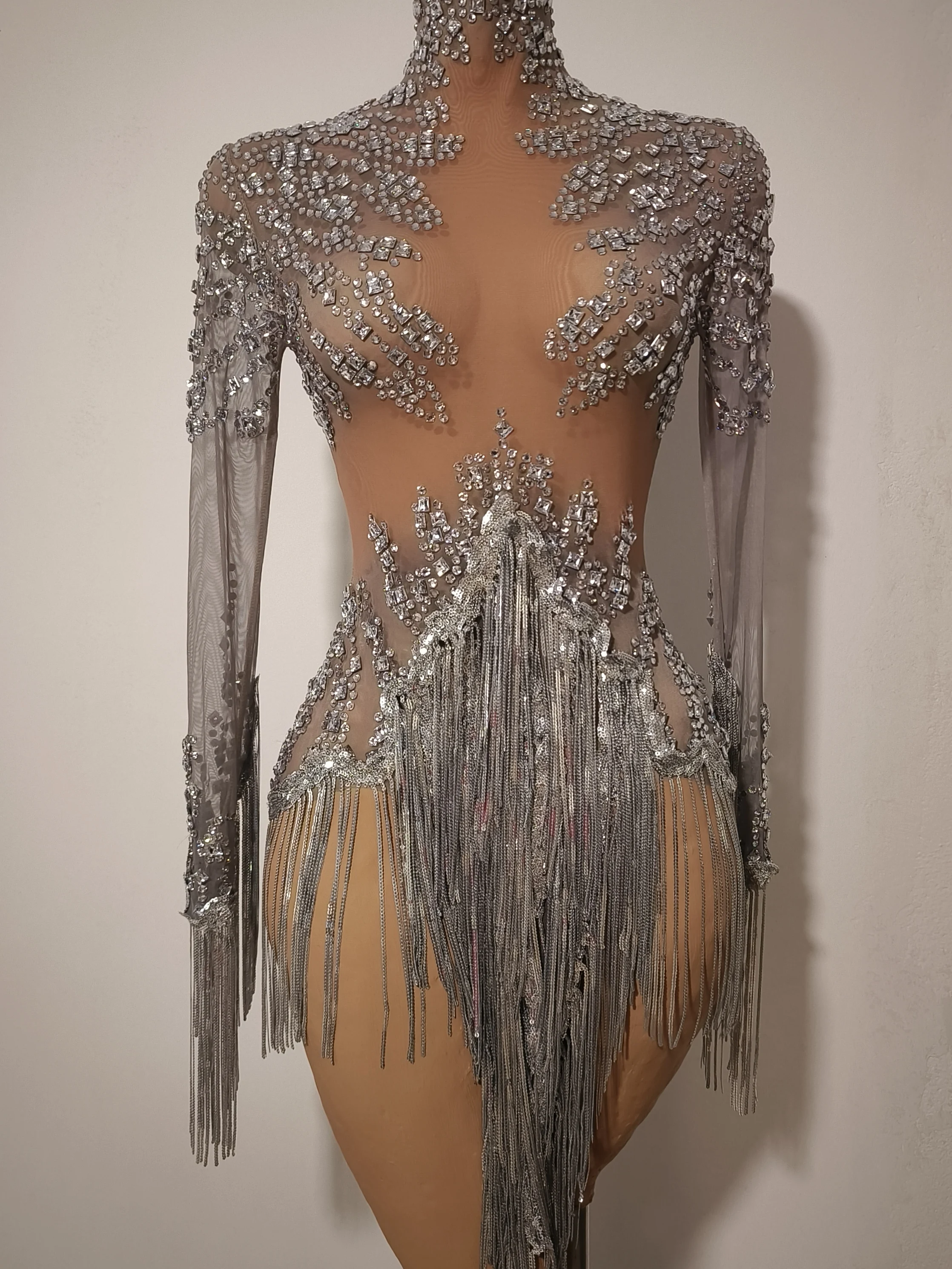 Show girl costume Luxury Party OutfitWomen Sexy Silver Sequin Tassel Designer Mini Dress Mesh See Through Luxury Evening Birthda