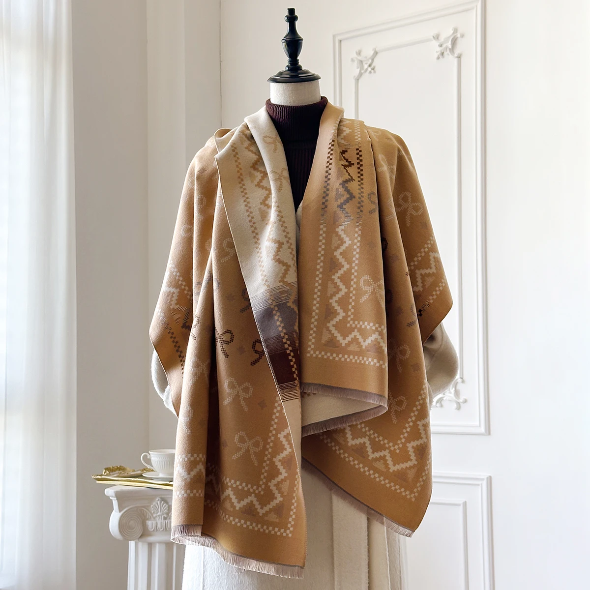 2025 العلامة التجارية الجديدة أناقة القوس طباعة وشاح لينة الدافئة هامش الباشمينا شال الخريف والشتاء في الهواء الطلق Coldproof يندبروف بطانية #5