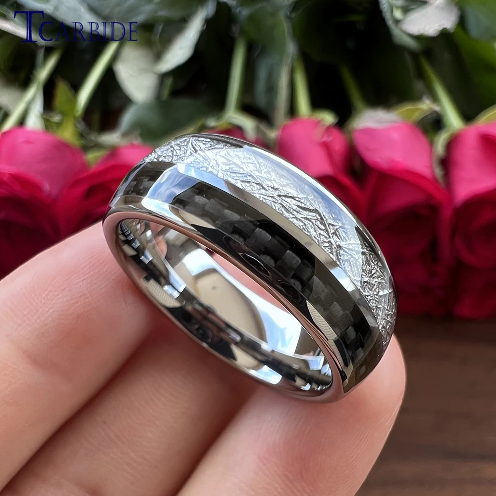 8MM Men Women Tungsten Wedding Band With White Meteorite And Black Carbon Fiber Inlay Trendy Gift Jewelry Comfort Fit