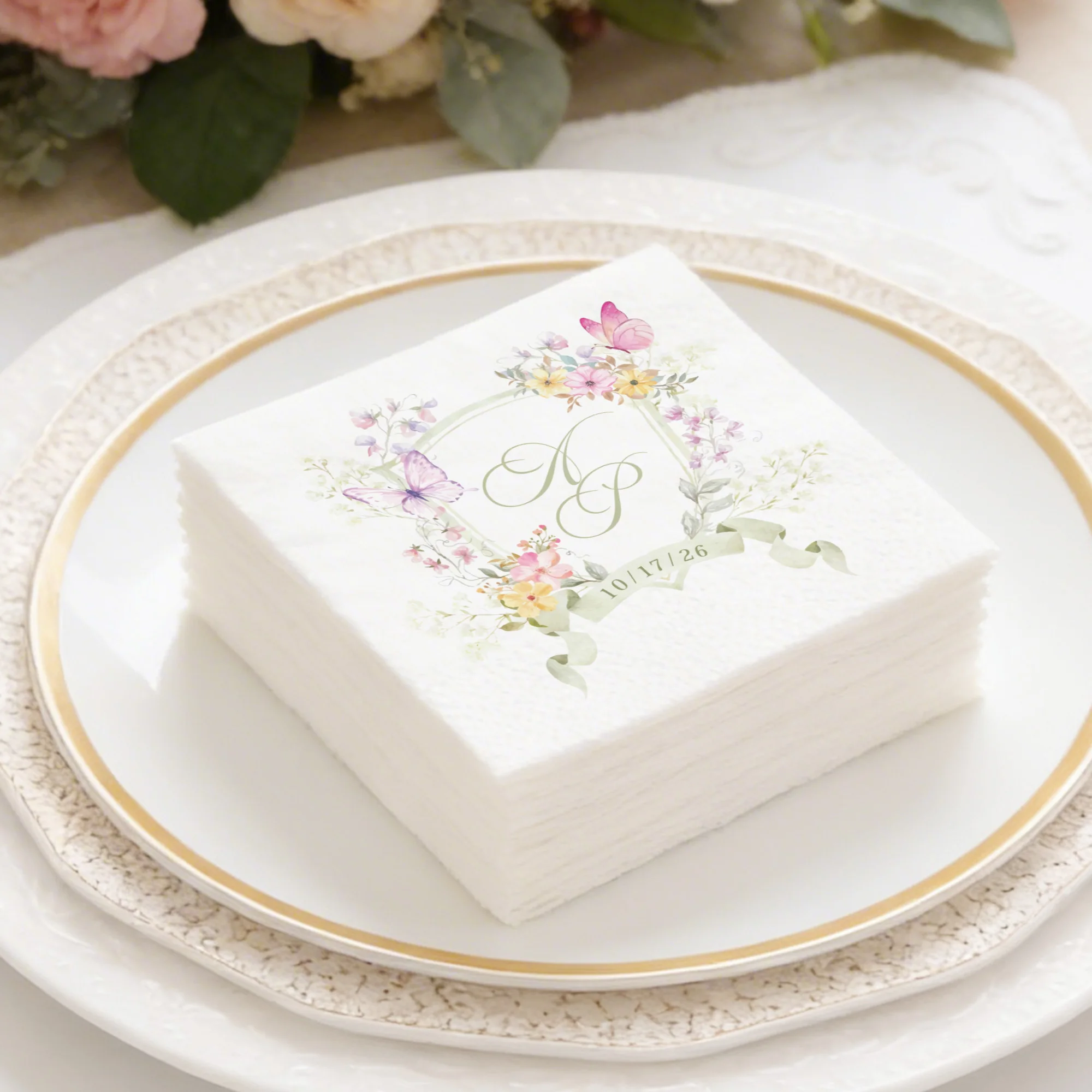 Personalisierte Servietten, 3-lagige, individuell gestaltete Cocktail-Servietten, Blumenmuster, Einweg-Papierservietten für Hochzeiten, Jubiläen und Brautpartys. – Detail 5