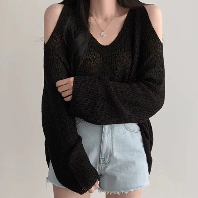 Women Spring Hollow Out V-Neck Off Shoulder Thin Sweater Loose Long Sleeve Knit Elastic T-Shirts Solid Streetwear Sexy Pullovers